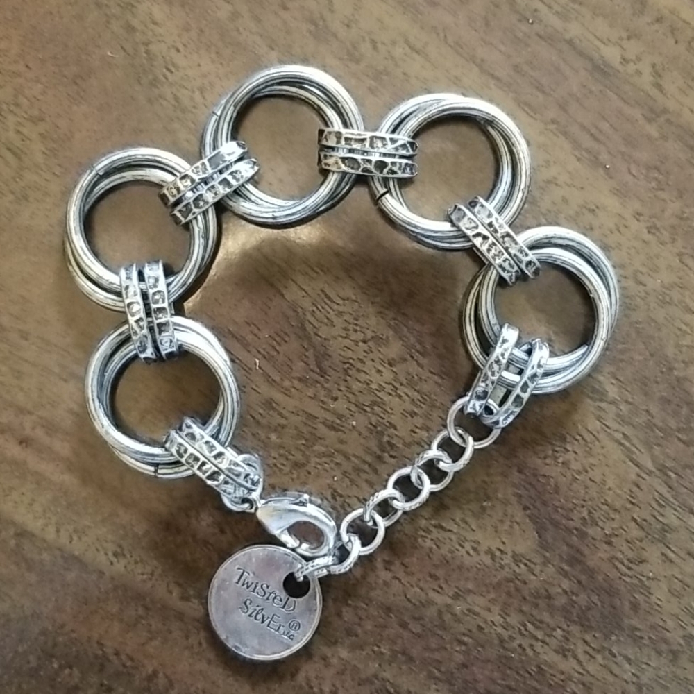 Vintage Twisted Silver Company Charm Bracelet 90s Chunky Link Round Tag Token